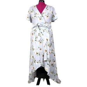 Promesa Floral Faux Wrap Dress Medium Blue Spring Easter Garden Party